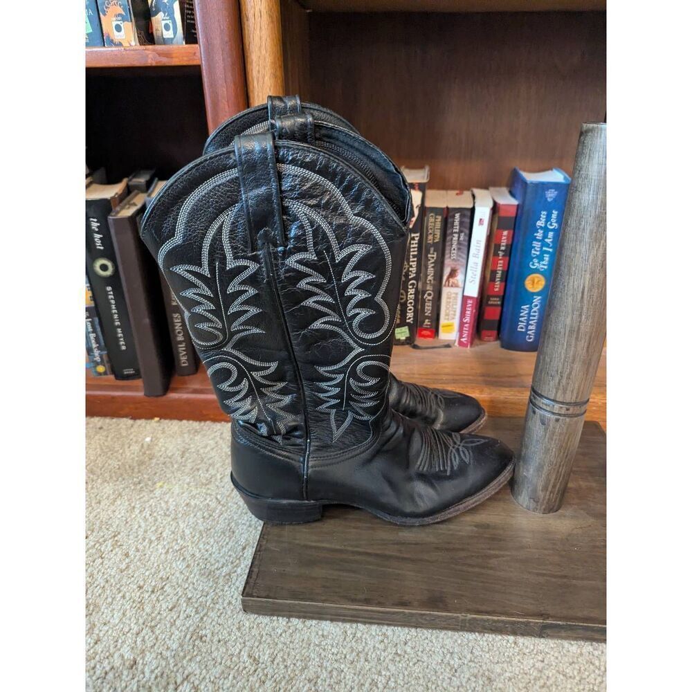 J. Chisholm Cowboy Boots  Size 9 D Black Leather Pointed Toe Stitched Pull On
